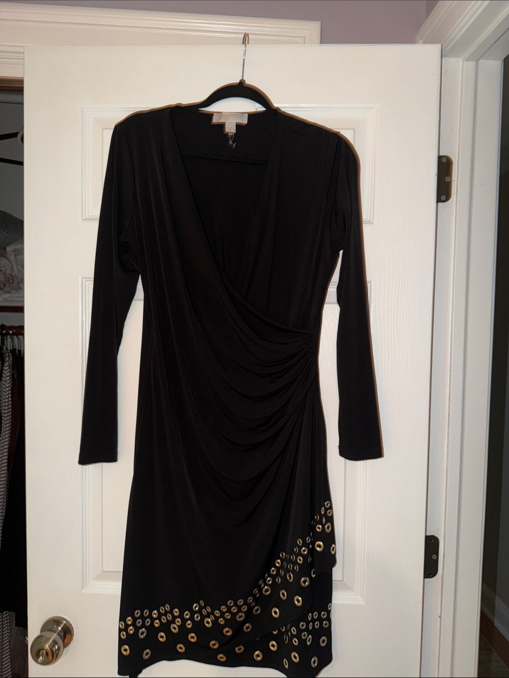 Michael Kors Black Long-Sleeve Faux-Wrap Dress with Gold Eyelet Hem